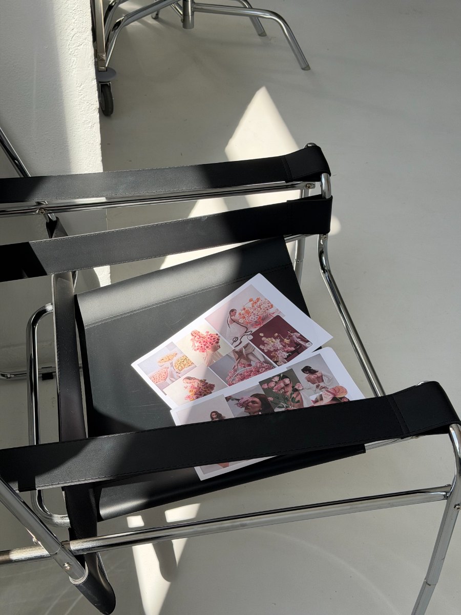 Printed moodboards on a chair